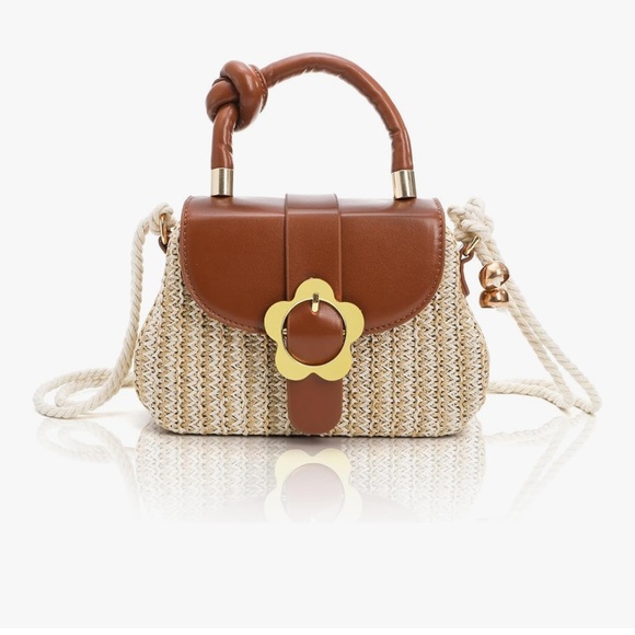 Handbags - Small Top Handle Purse, Straw Crossbody Bag w/ Floral Buckle Detachable Strap 🆕
